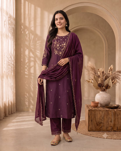 Royal Plum Embroidered Straight Kurta Set with Matching Trousers and Dupatta