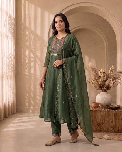 Graceful Olive Green Embroidered Anarkali Kurta Set with Matching Pants and Dupatta