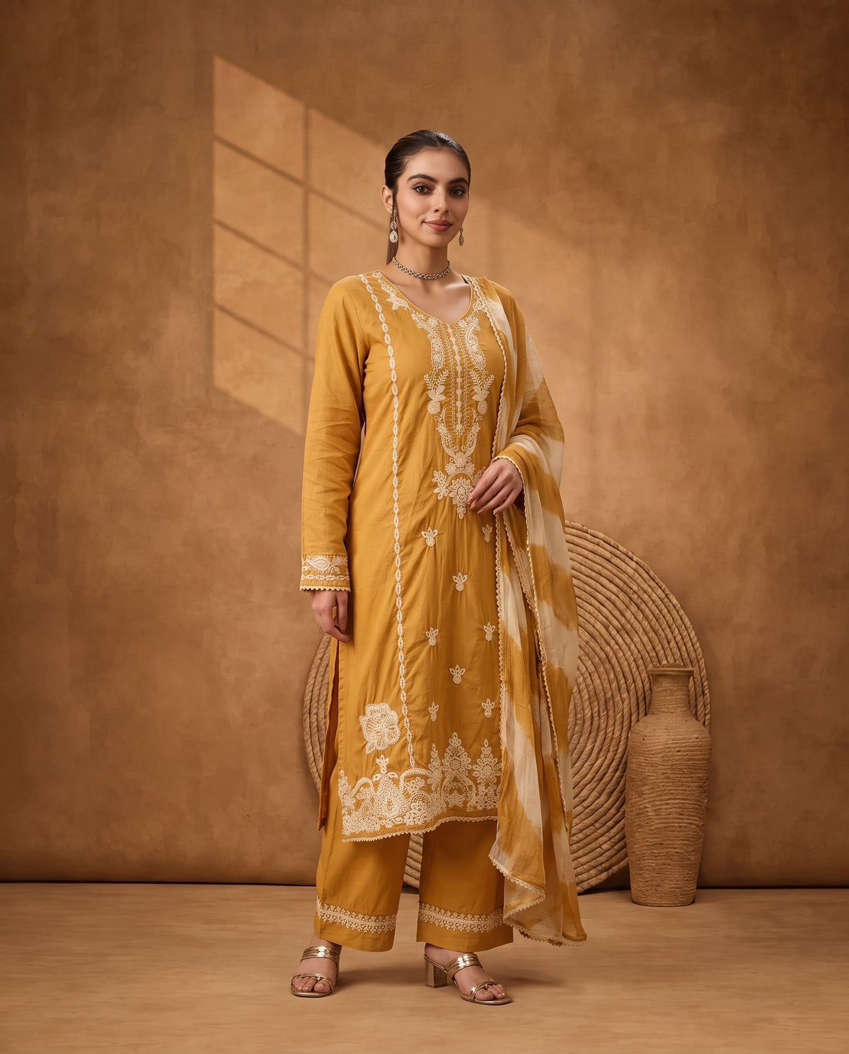 Mustard Yellow Embroidered Kurta Set with Palazzo and cota checks Dupatta