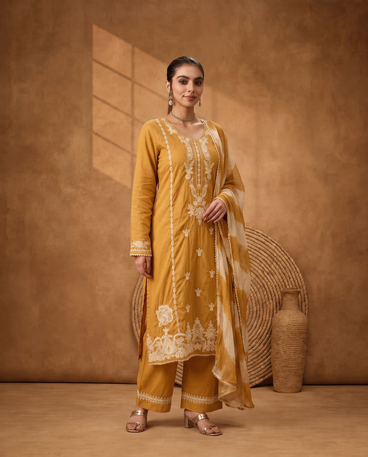 Mustard Yellow Embroidered Kurta Set with Palazzo and cota checks Dupatta