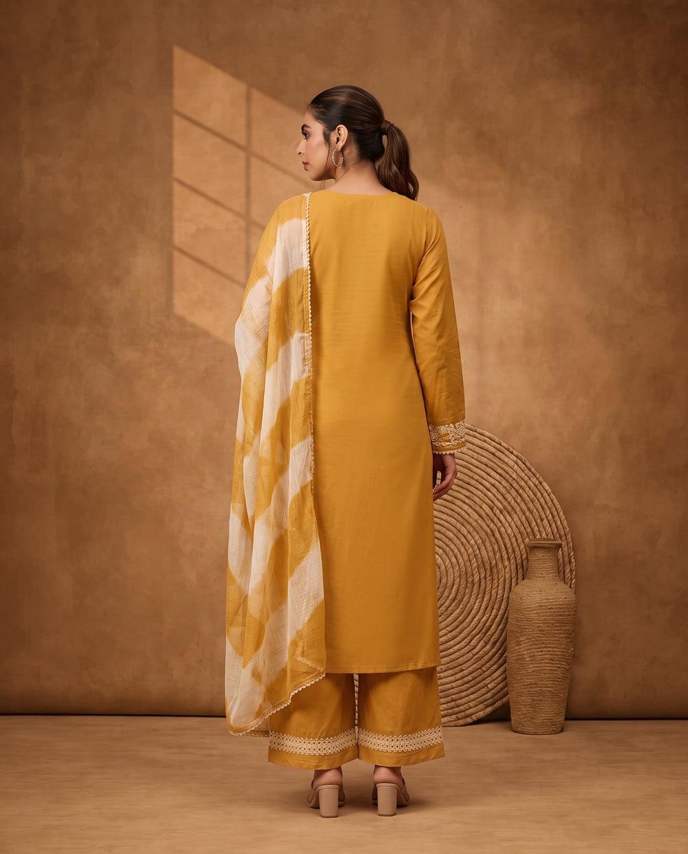 Mustard Yellow Embroidered Kurta Set with Palazzo and cota checks Dupatta