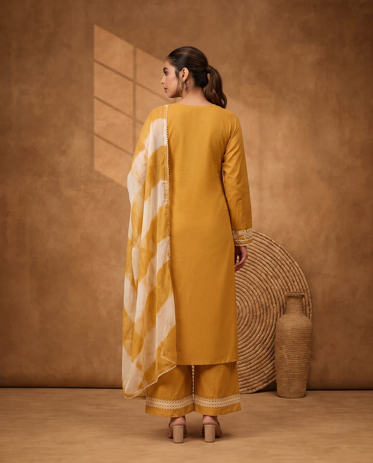 Mustard Yellow Embroidered Kurta Set with Palazzo and cota checks Dupatta