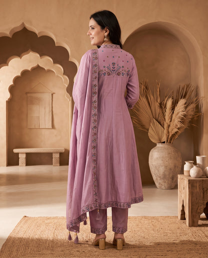 Royal Lavender Embroidered Kurta Pant Set with Zari Dupatta