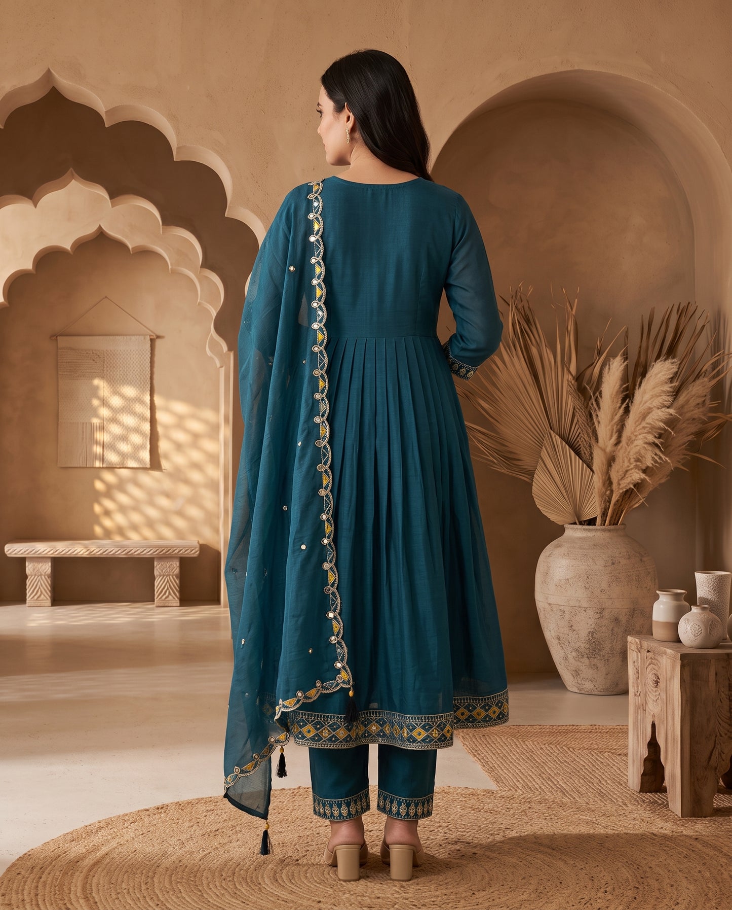 Radiant Teal Blue Embroidered Flared Kurta Set with Matching Pants and Dupatta