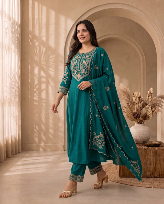 Peacock Green Traditional Motifs Embroidered Suit Set with Scalloped Dupatta