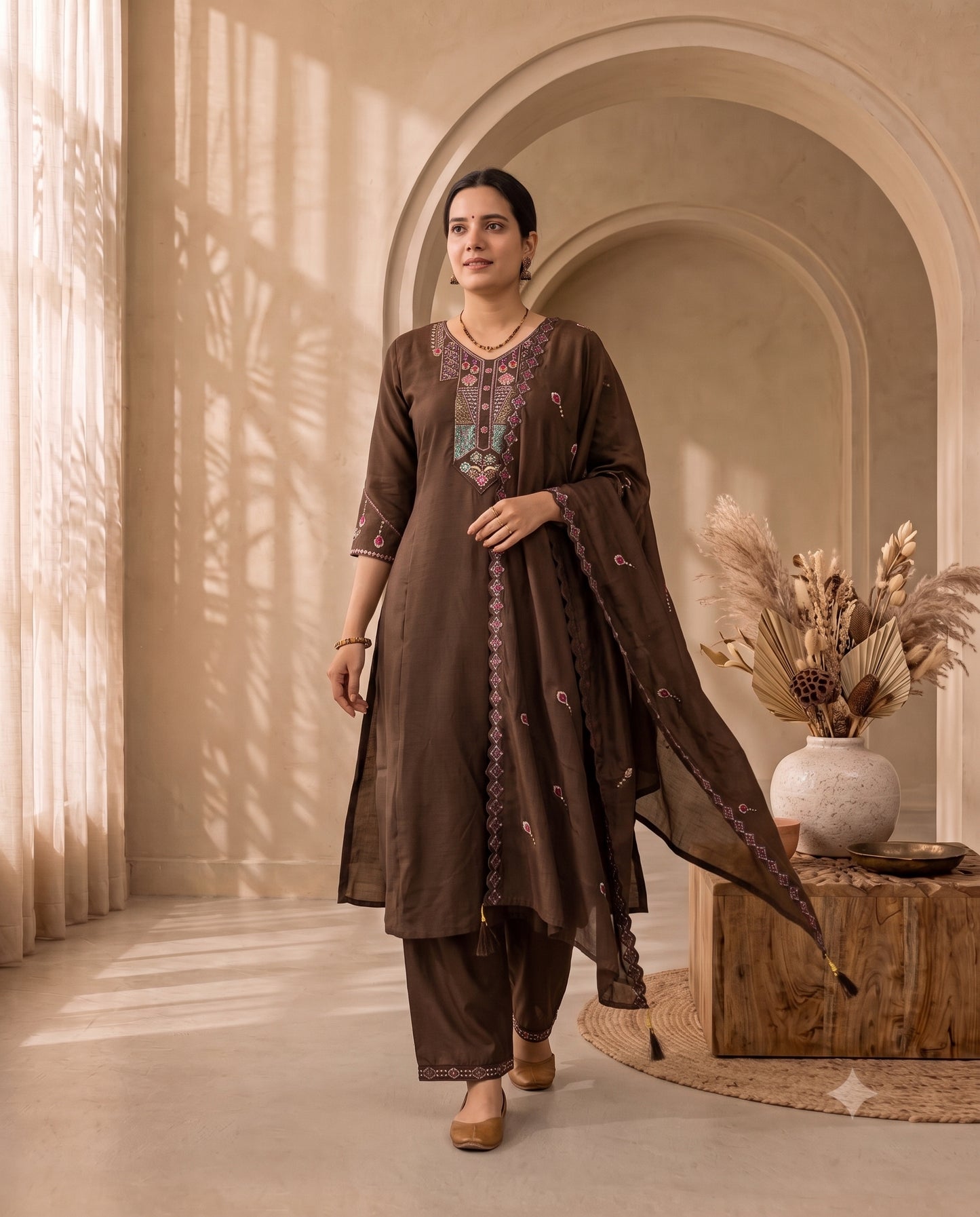 Walnut Brown Traditional Motif Thread-Work Suit Set with Scalloped Dupatta