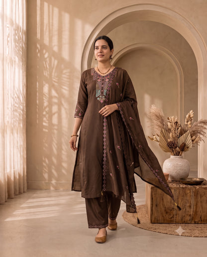 Walnut Brown Traditional Motif Thread-Work Suit Set with Scalloped Dupatta