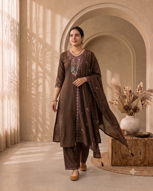 Walnut Brown Traditional Motif Thread-Work Suit Set with Scalloped Dupatta