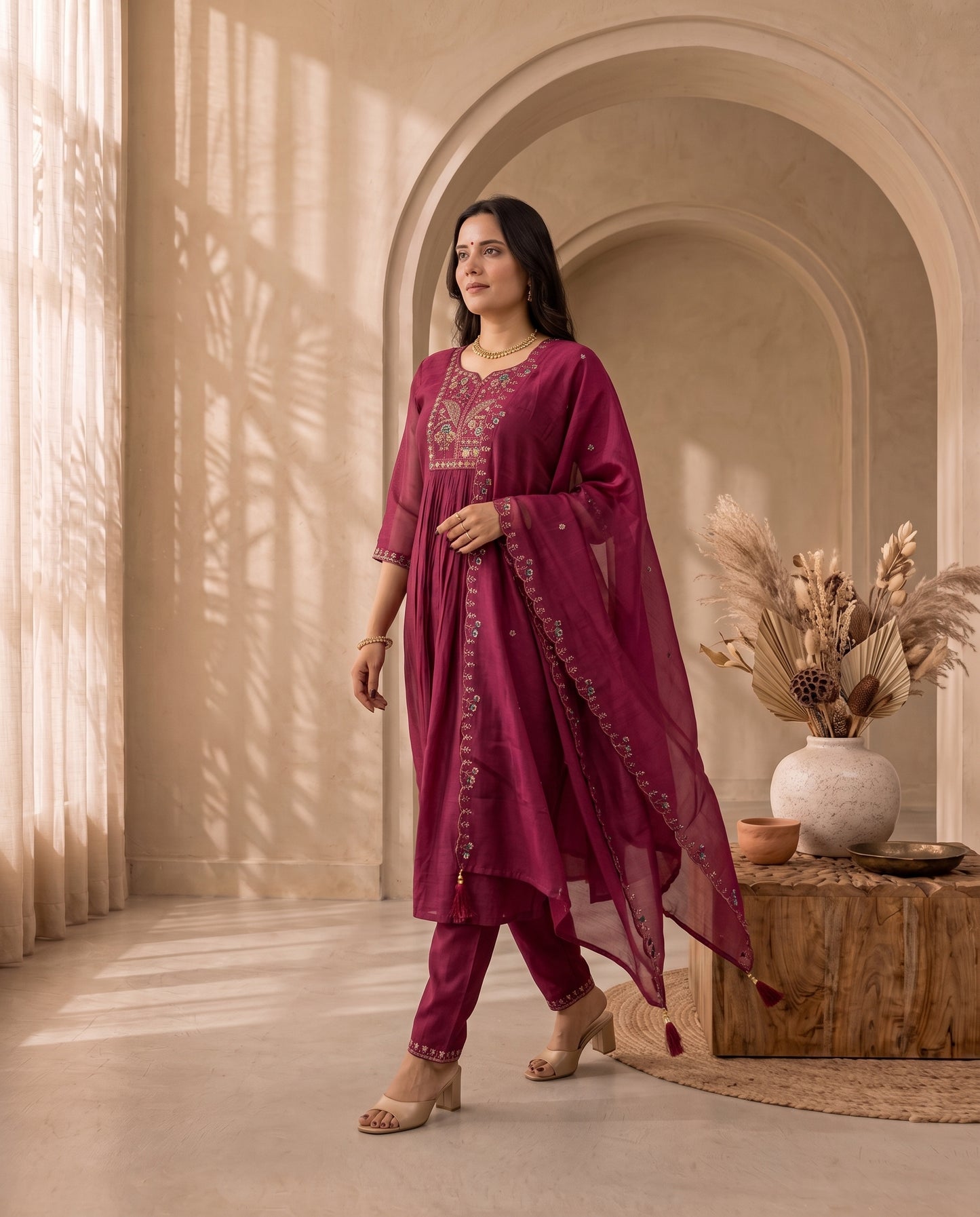 Magenta Chanderi Silk Embroidered Anarkali Kurta with Trousers and Dupatta Set