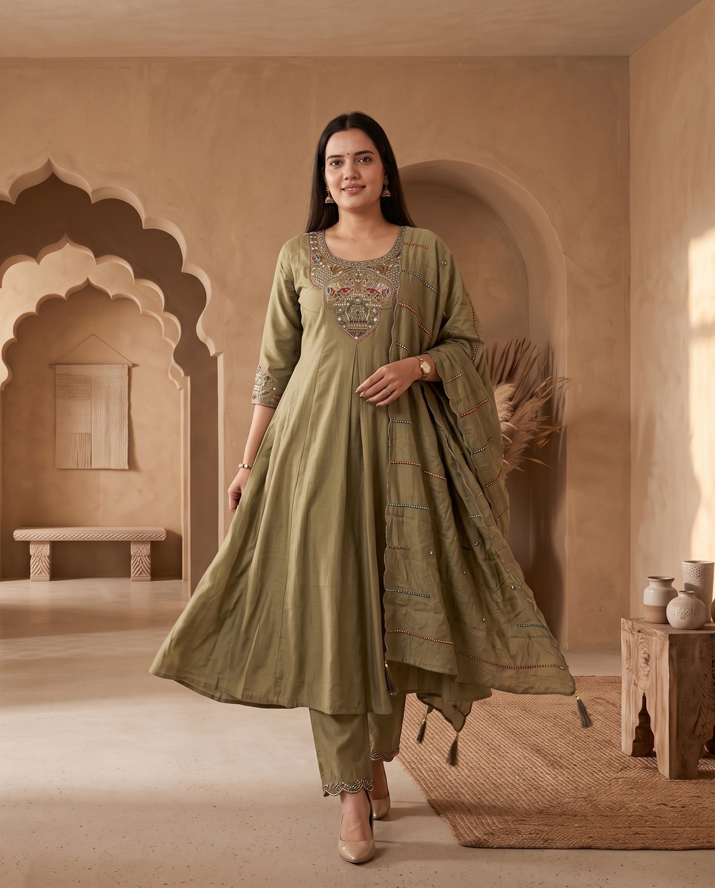 Traditional Olive Green Pichwai-Inspired Embroidered Anarkali Kurta Set with Scalloped Dupatta
