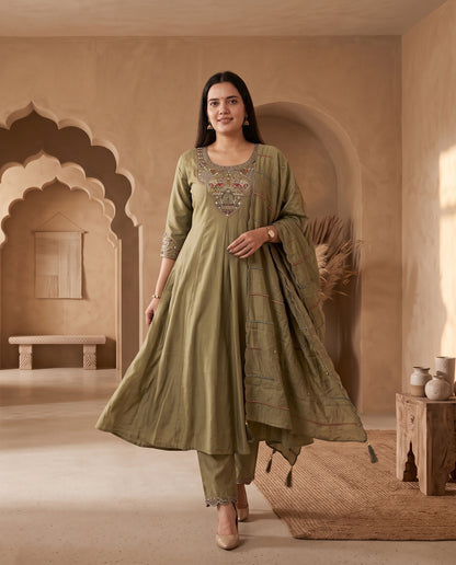 Traditional Olive Green Pichwai-Inspired Embroidered Anarkali Kurta Set with Scalloped Dupatta