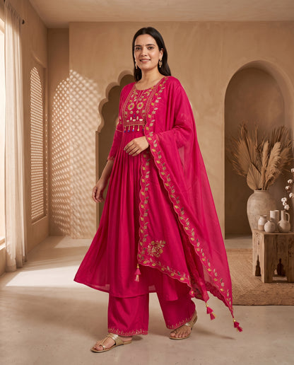 Vibrant Fuchsia Pink Embroidered Short Kurta Set with Wide-Leg Palazzo and Scalloped Dupatta