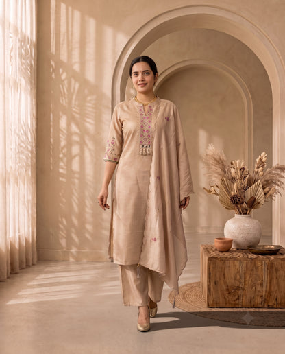 Elegance Beige Embroidered Kurta Set with Matching Palazzo and Scalloped Dupatta