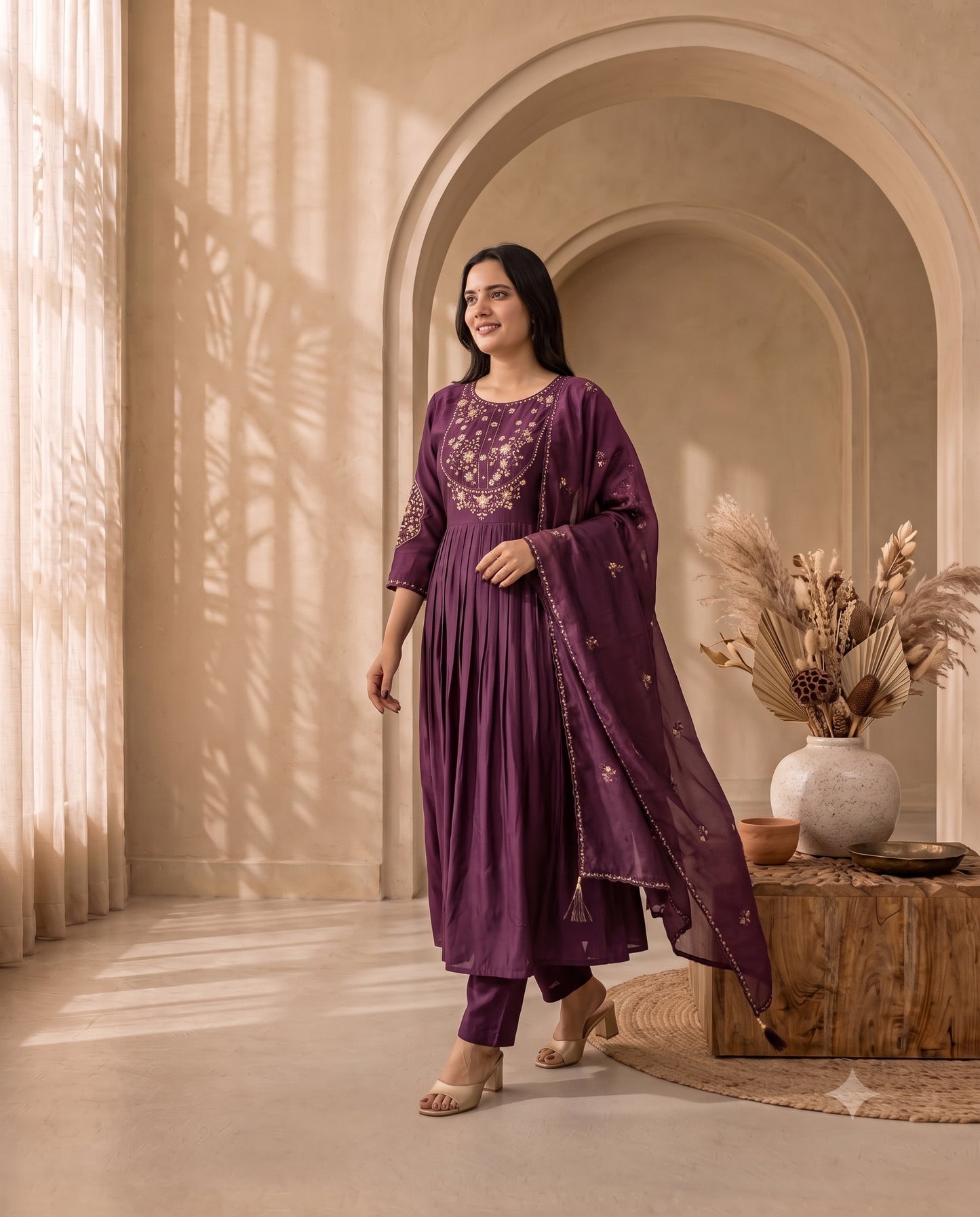 Royal Plum Embroidered Straight Kurta Set with Matching Trousers and Dupatta