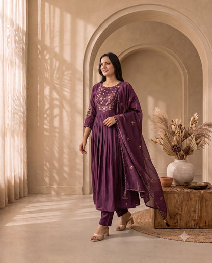 Royal Plum Embroidered Straight Kurta Set with Matching Trousers and Dupatta