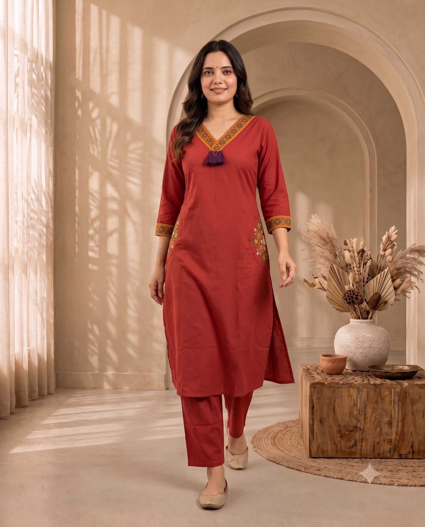 Classic Brick Red Straight Kurta Set with Pocket Detailing and Matching Pants