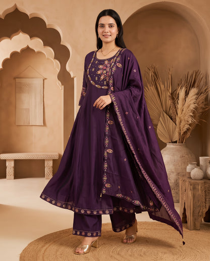 Deep Purple Hand-Embroidered Anarkali Kurta Set with Wide-Leg Palazzo & Scalloped Dupatta