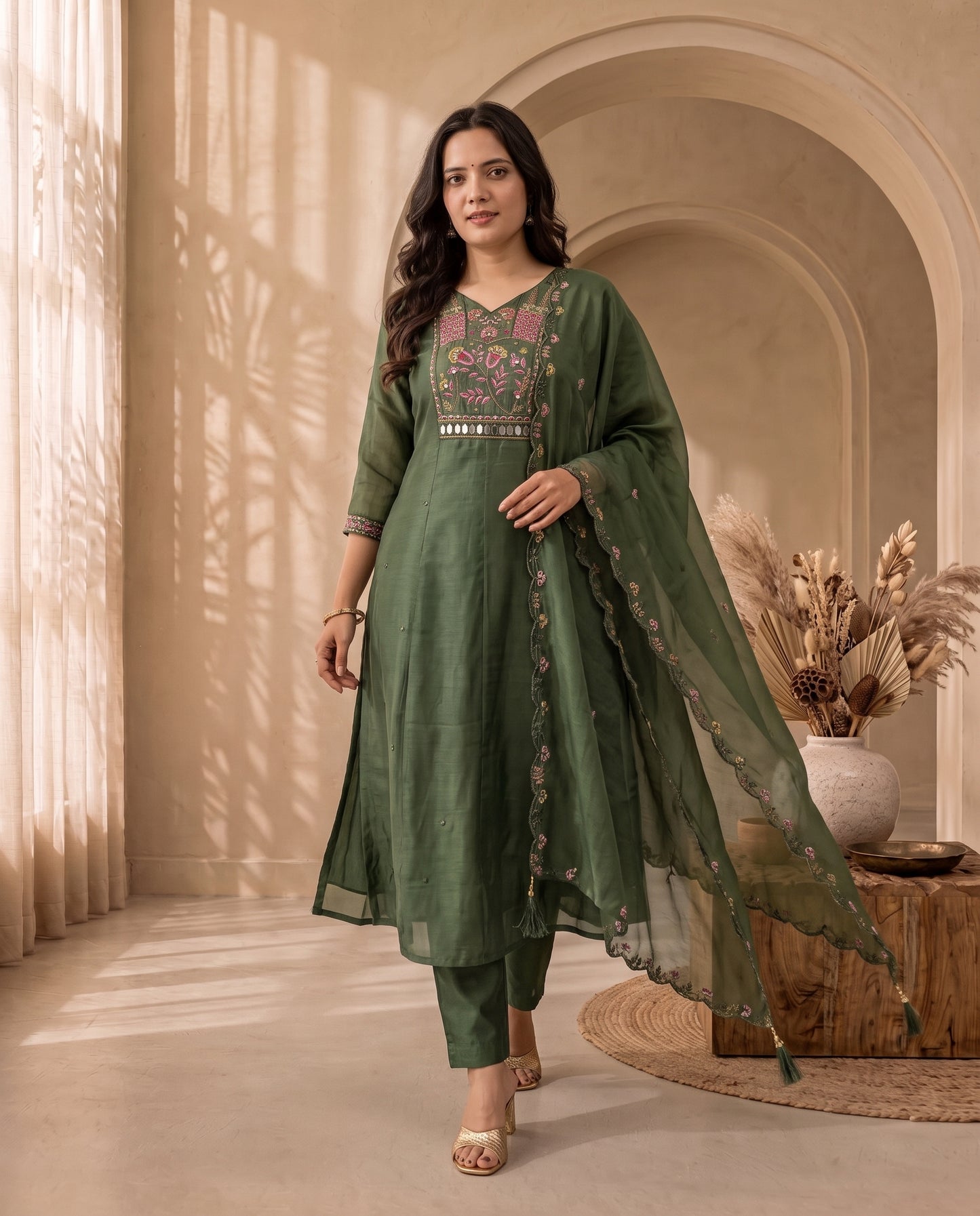 Graceful Olive Green Embroidered Anarkali Kurta Set with Matching Pants and Dupatta