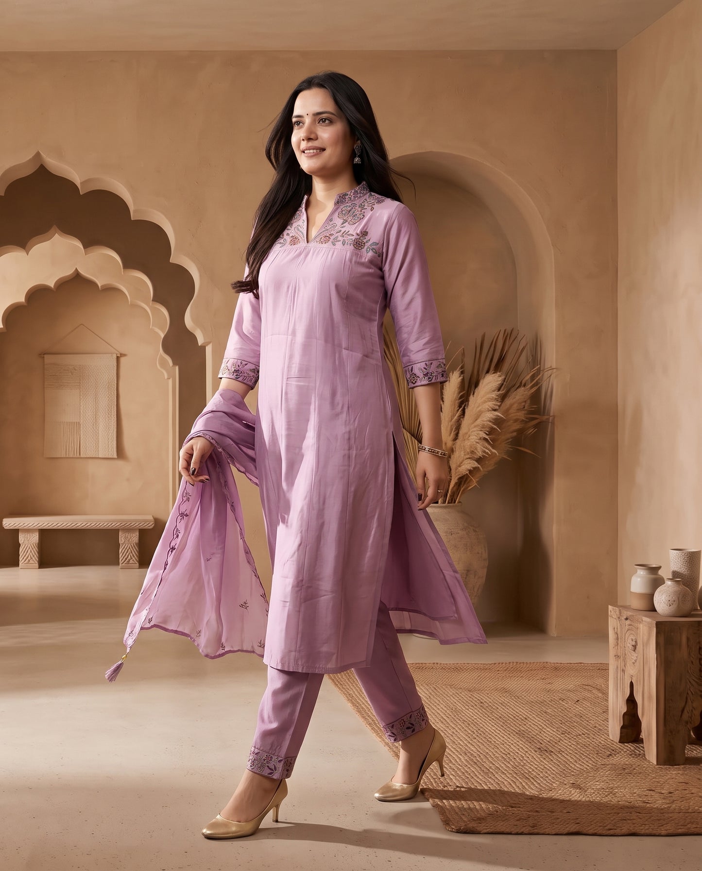 Royal Lavender Embroidered Kurta Pant Set with Zari Dupatta