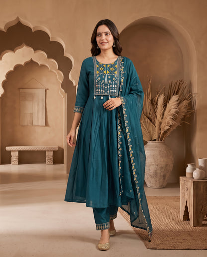 Radiant Teal Blue Embroidered Flared Kurta Set with Matching Pants and Dupatta