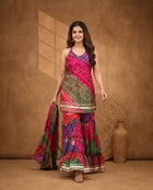 Traditional Bandhej Print Indo-Western Halter Crop Top & Tiered Sharara Suit