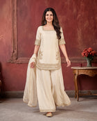 Elegant Cream Gold-Zari Work Straight Kurti and Wide-Leg Palazzo Suit