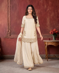 Elegant Cream Gold-Zari Work Straight Kurti and Wide-Leg Palazzo Suit