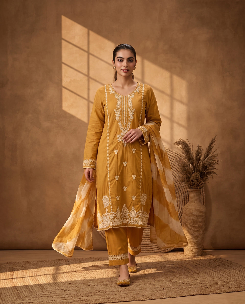 Mustard Yellow Embroidered Kurta Set with Palazzo and cota checks Dupatta