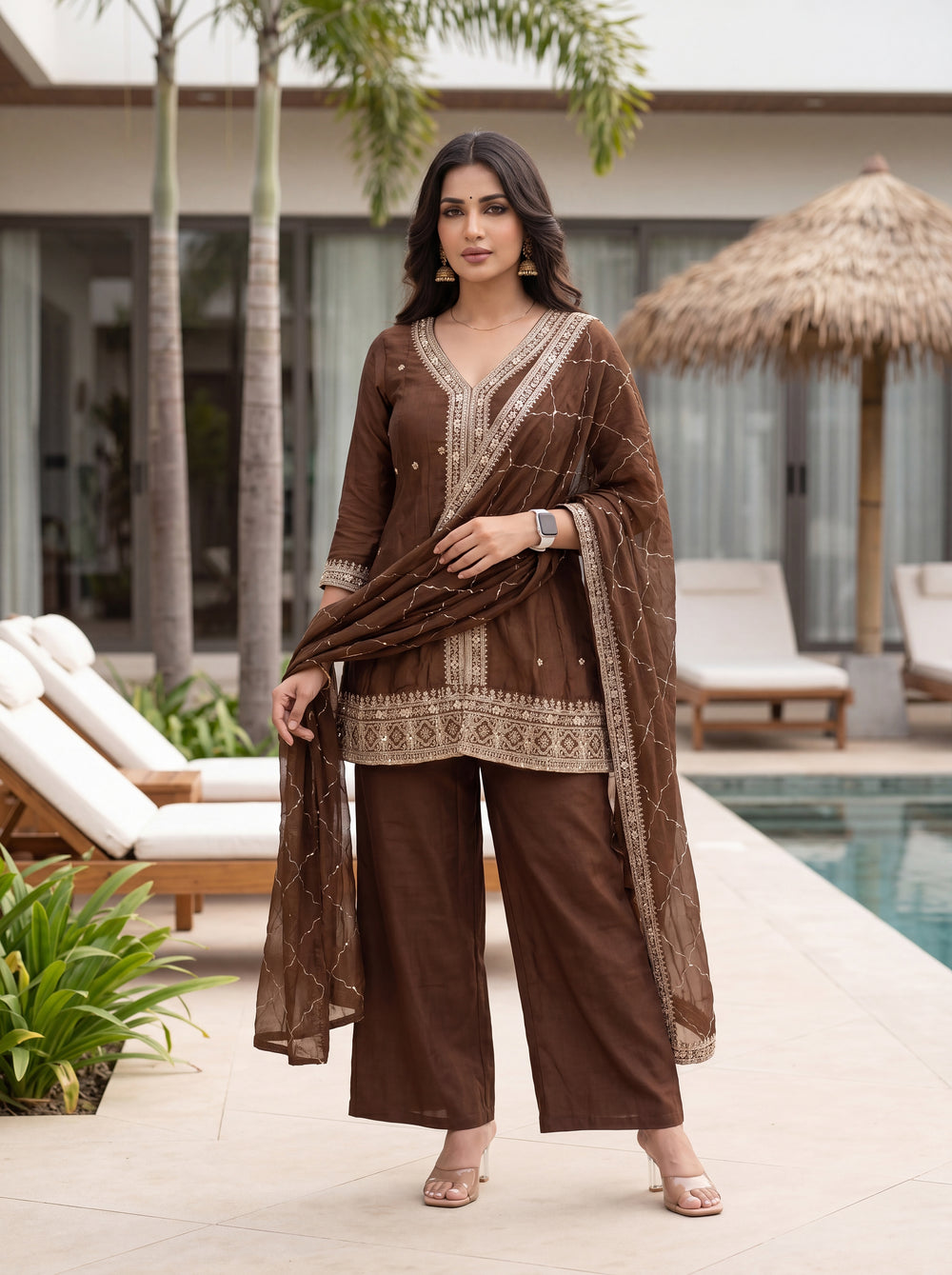 Rich Coffee Brown Zari Embroidered Silk Kurta Set with Diamond Grid Dupatta