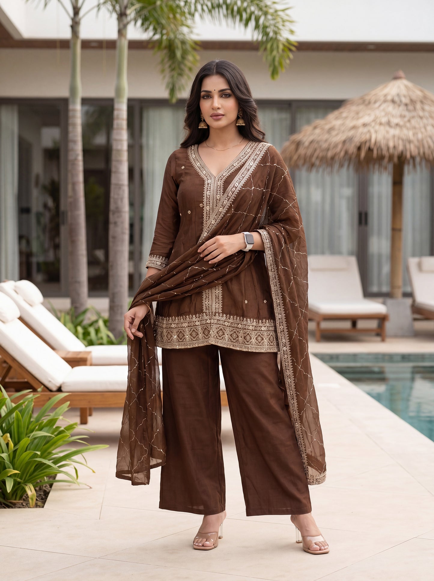 Rich Coffee Brown Zari Embroidered Silk Kurta Set with Diamond Grid Dupatta