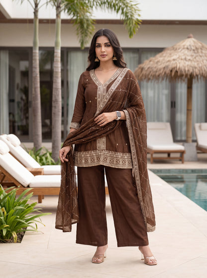 Rich Coffee Brown Zari Embroidered Silk Kurta Set with Diamond Grid Dupatta