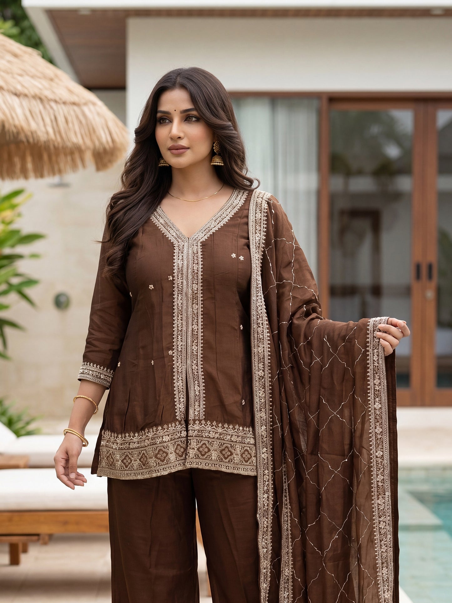 Rich Coffee Brown Zari Embroidered Silk Kurta Set with Diamond Grid Dupatta