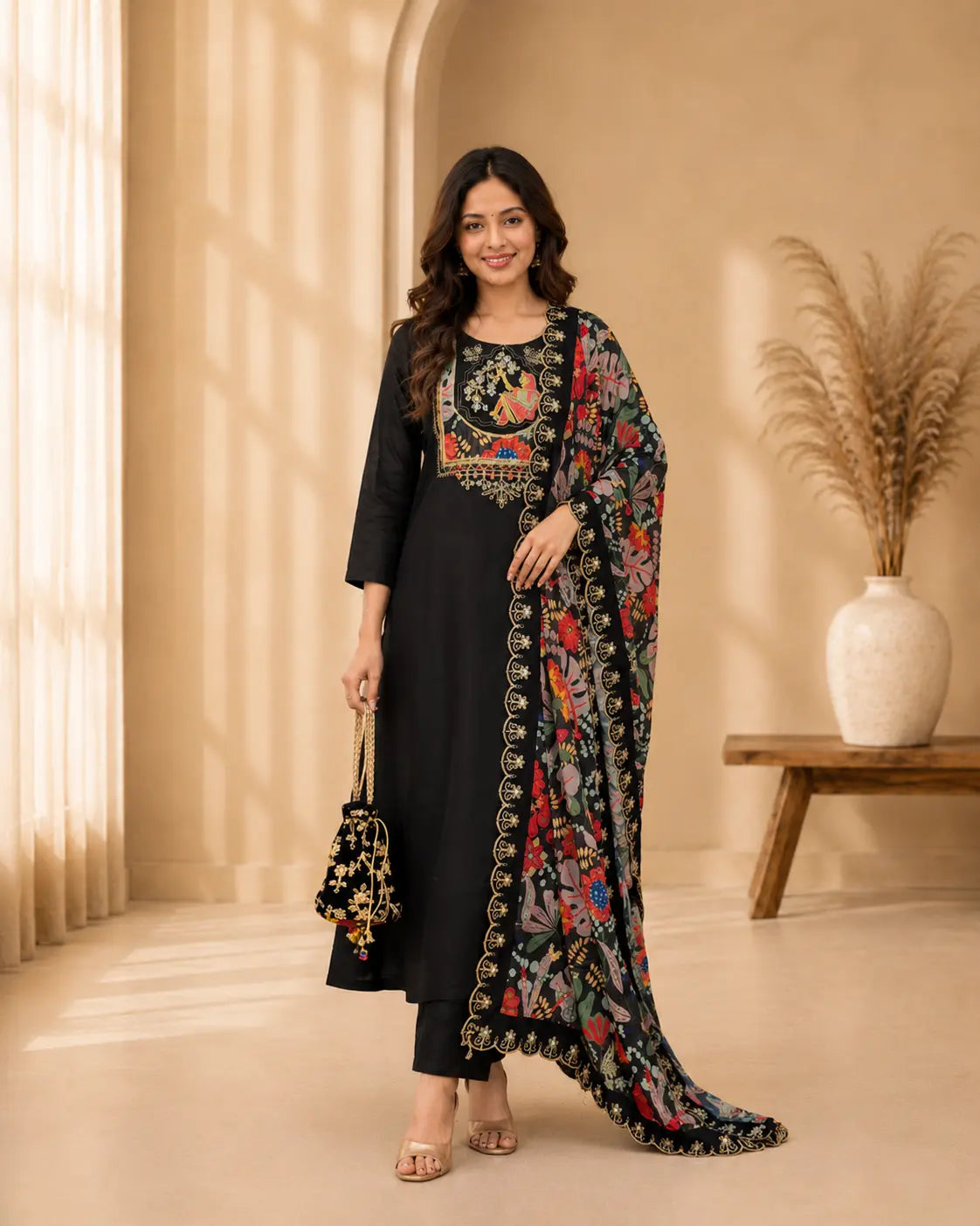 Black Festive Kurta Pant Set with Embroidered Yoke & Floral Dupatta
