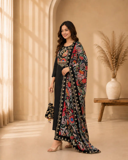 Black Festive Kurta Pant Set with Embroidered Yoke & Floral Dupatta