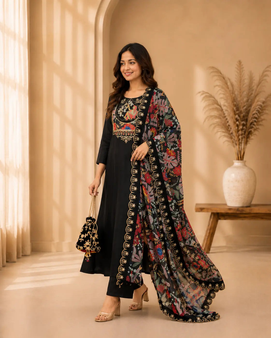 Black Festive Kurta Pant Set with Embroidered Yoke & Floral Dupatta