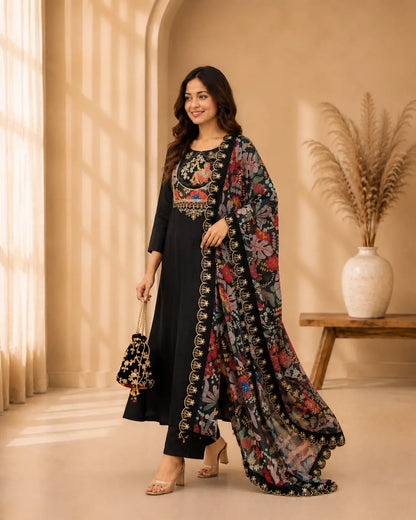 Black Festive Kurta Pant Set with Embroidered Yoke & Floral Dupatta