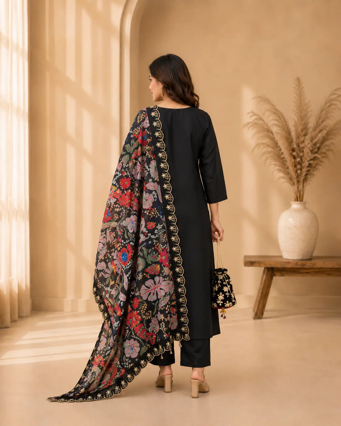Black Festive Kurta Pant Set with Embroidered Yoke & Floral Dupatta