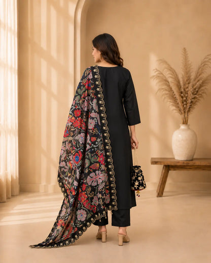 Black Festive Kurta Pant Set with Embroidered Yoke & Floral Dupatta