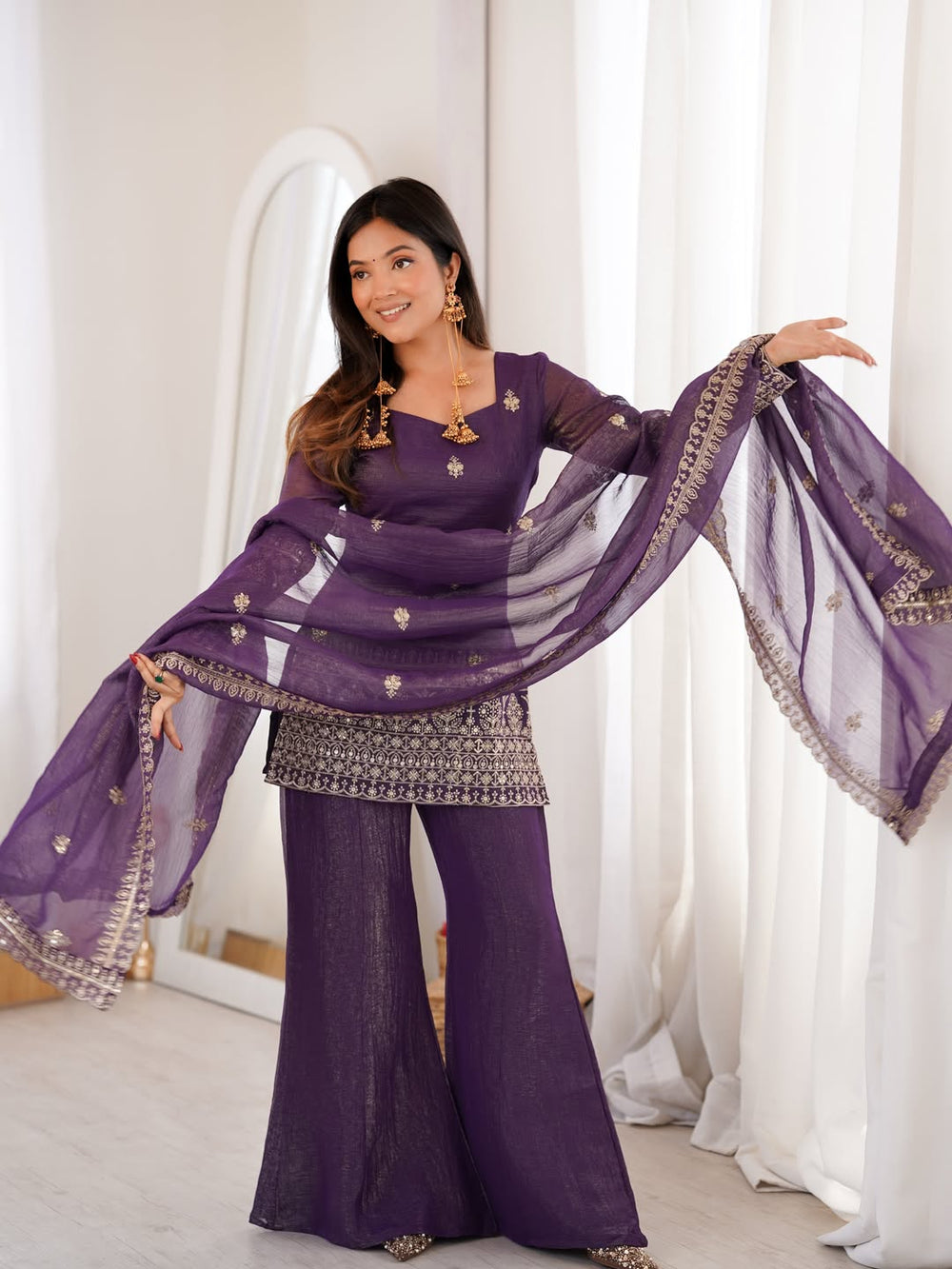 Deep Purple Embroidered Kurti with Flared Palazzo & Organza Dupatta Set