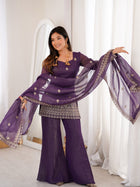Deep Purple Embroidered Kurti with Flared Palazzo & Organza Dupatta Set