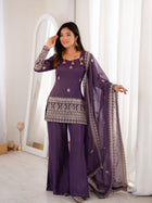 Deep Purple Embroidered Kurti with Flared Palazzo & Organza Dupatta Set