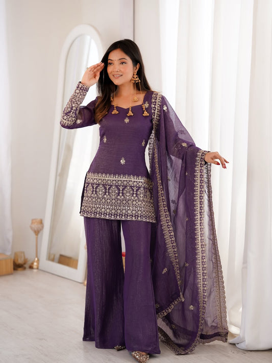 Deep Purple Embroidered Kurti with Flared Palazzo & Organza Dupatta Set