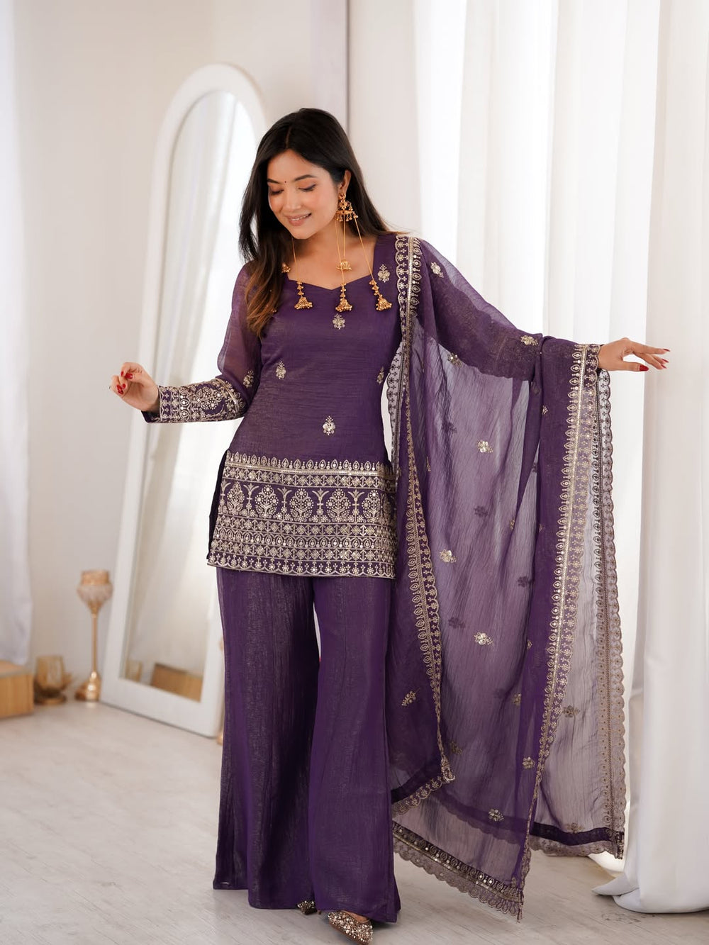Deep Purple Embroidered Kurti with Flared Palazzo & Organza Dupatta Set