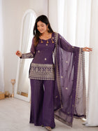 Deep Purple Embroidered Kurti with Flared Palazzo & Organza Dupatta Set