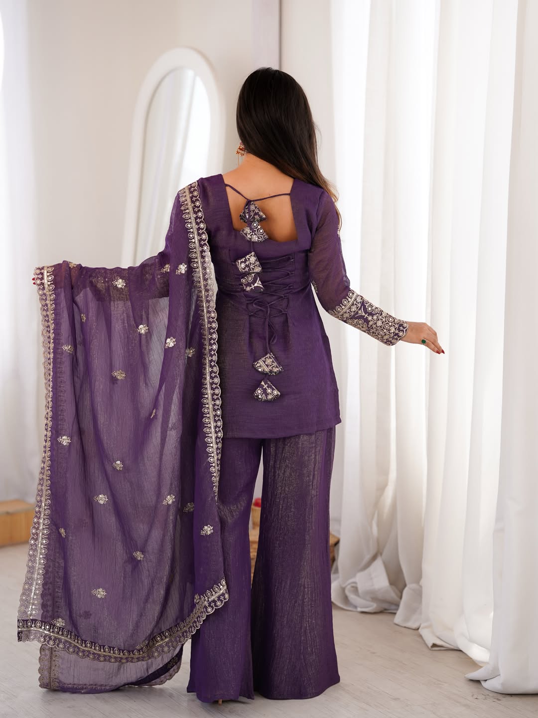 Deep Purple Embroidered Kurti with Flared Palazzo & Organza Dupatta Set