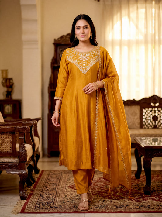 Mustard Gold Hand-Embroidered Chanderi Silk A-Line Kurta Set with Scallop-Border Dupatta