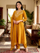 Mustard Gold Hand-Embroidered Chanderi Silk A-Line Kurta Set with Scallop-Border Dupatta