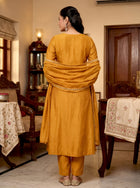 Mustard Gold Hand-Embroidered Chanderi Silk A-Line Kurta Set with Scallop-Border Dupatta