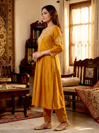Mustard Gold Hand-Embroidered Chanderi Silk A-Line Kurta Set with Scallop-Border Dupatta