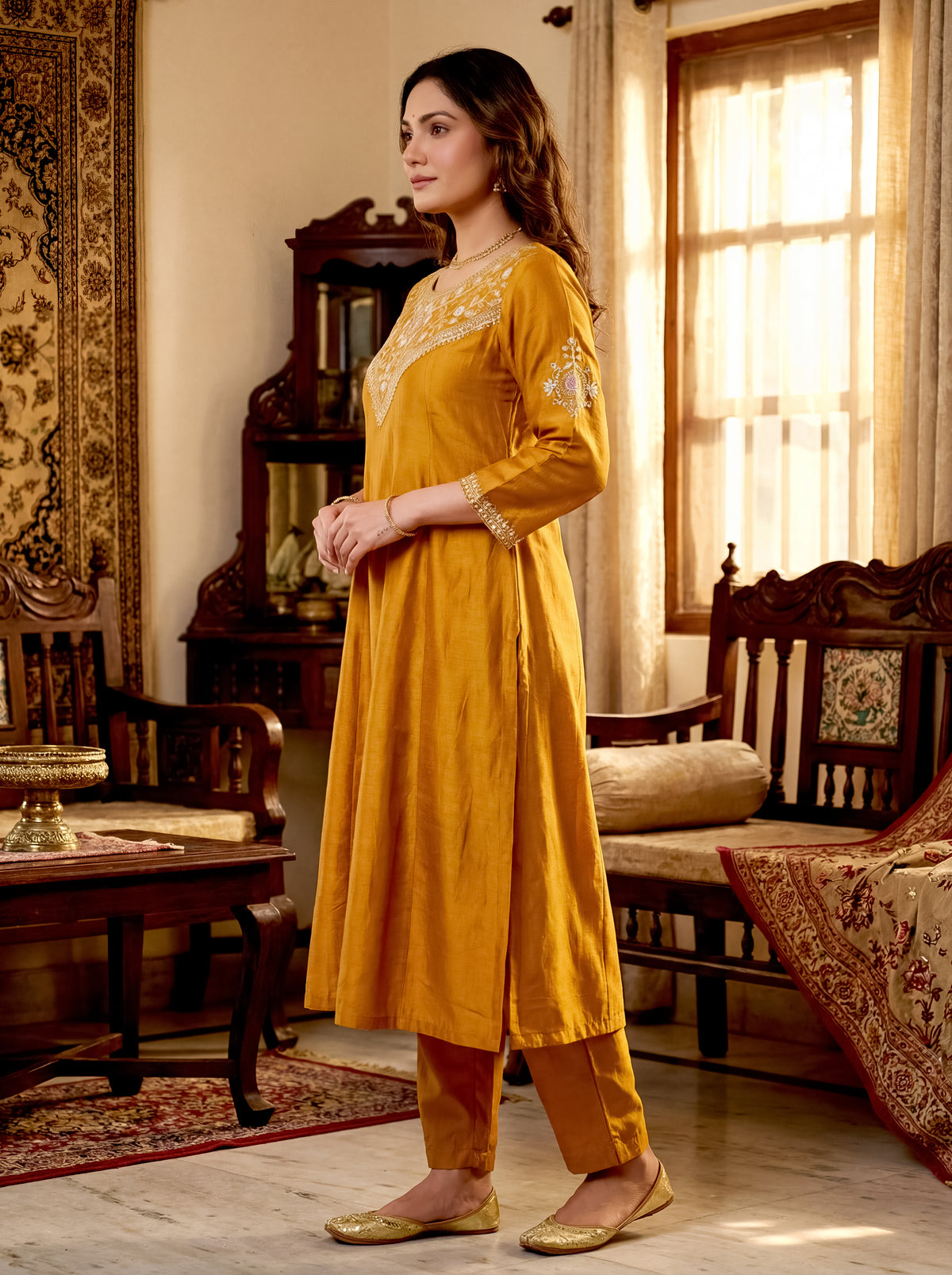 Mustard Gold Hand-Embroidered Chanderi Silk A-Line Kurta Set with Scallop-Border Dupatta